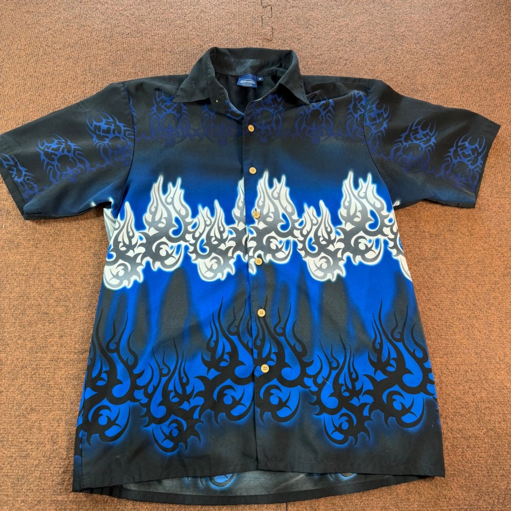 Sideout Mens Blue Tribal Flame Graphic Button Up Shirt Y2K Streetwear Medium